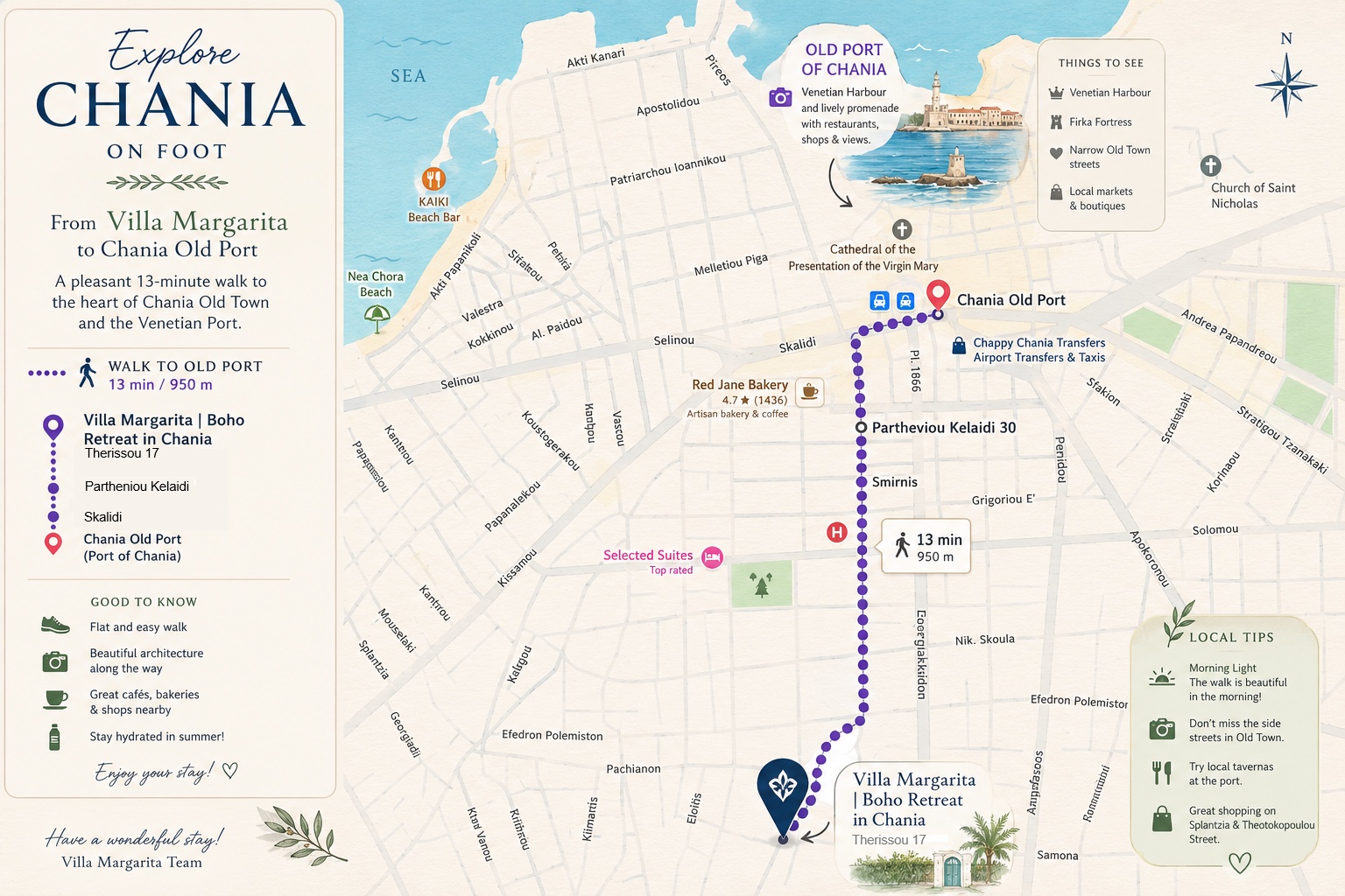 Walking map from Villa Margarita to Chania Old Port